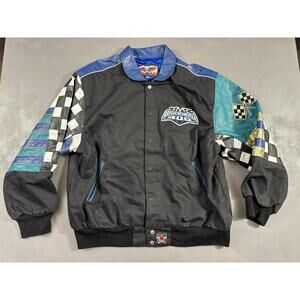 Vintage Jeff Hamilton Brickyard 400 Leather Jacket Mens Black Blue NASCAR XL
